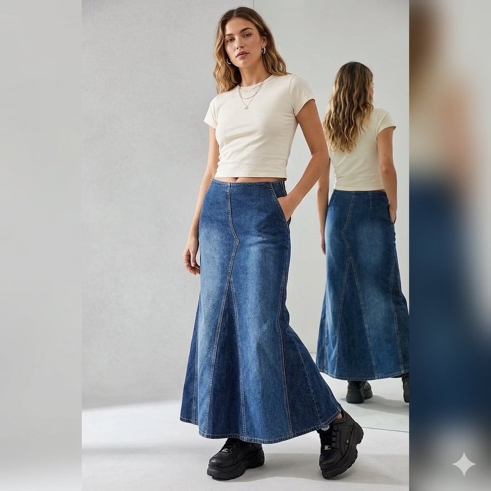 Paris Blues Originals Vintage Y2K Denim Maxi Skirt Paneled Mermaid Blue Size 11